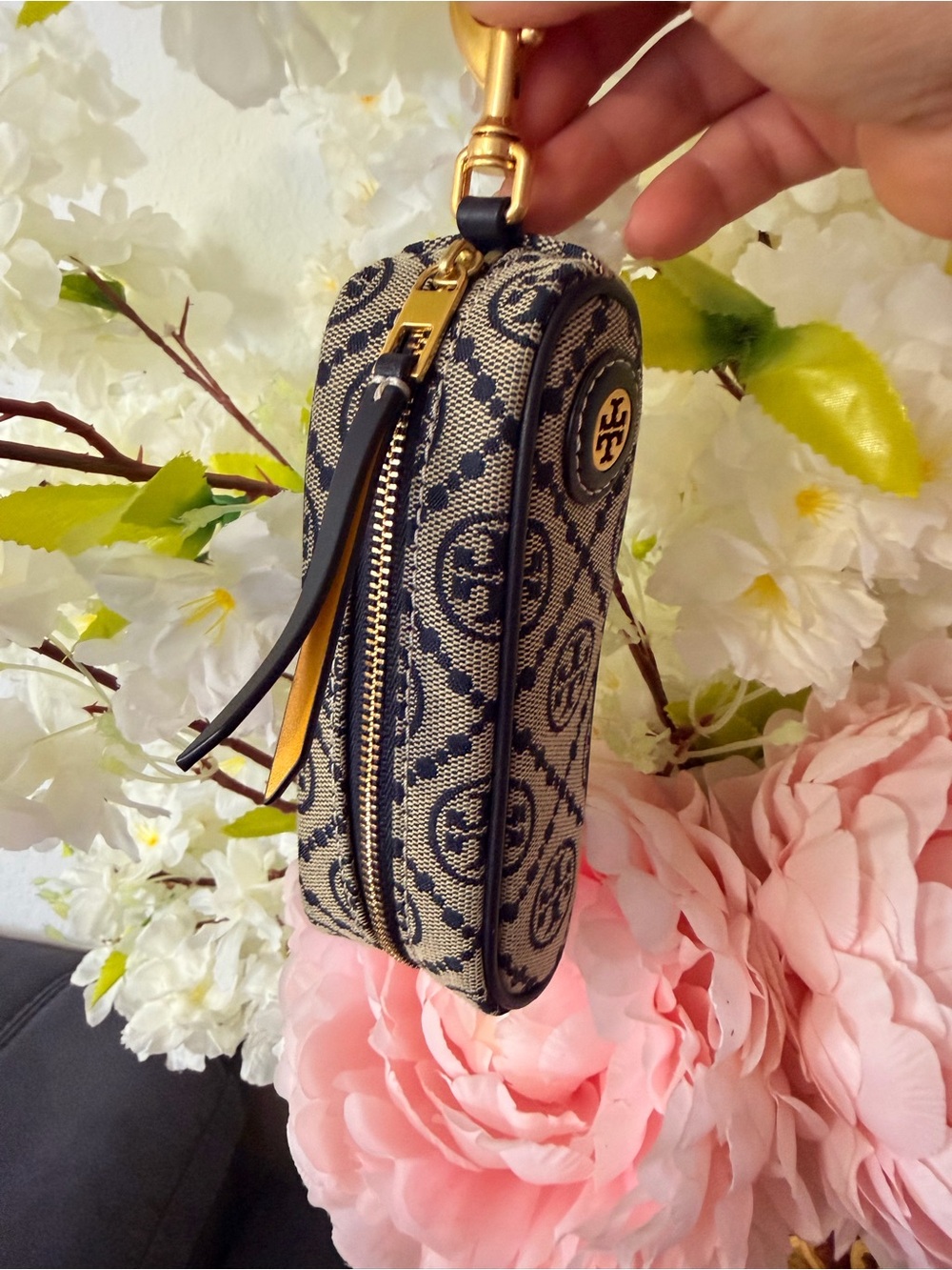 Tory Burch Navy and Beige Logo Zip Pouch with Gold Hardware
